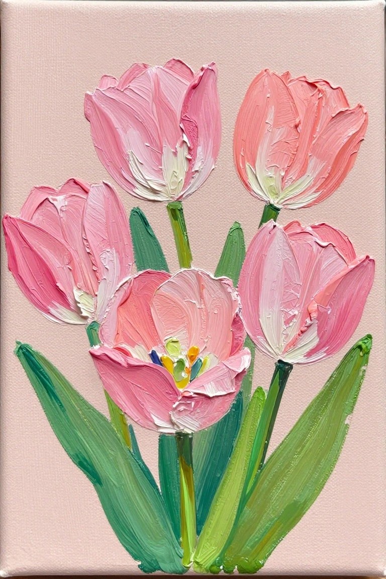 Acrylic painting of several pink tulips with green leaves and stems on a light pink canvas.