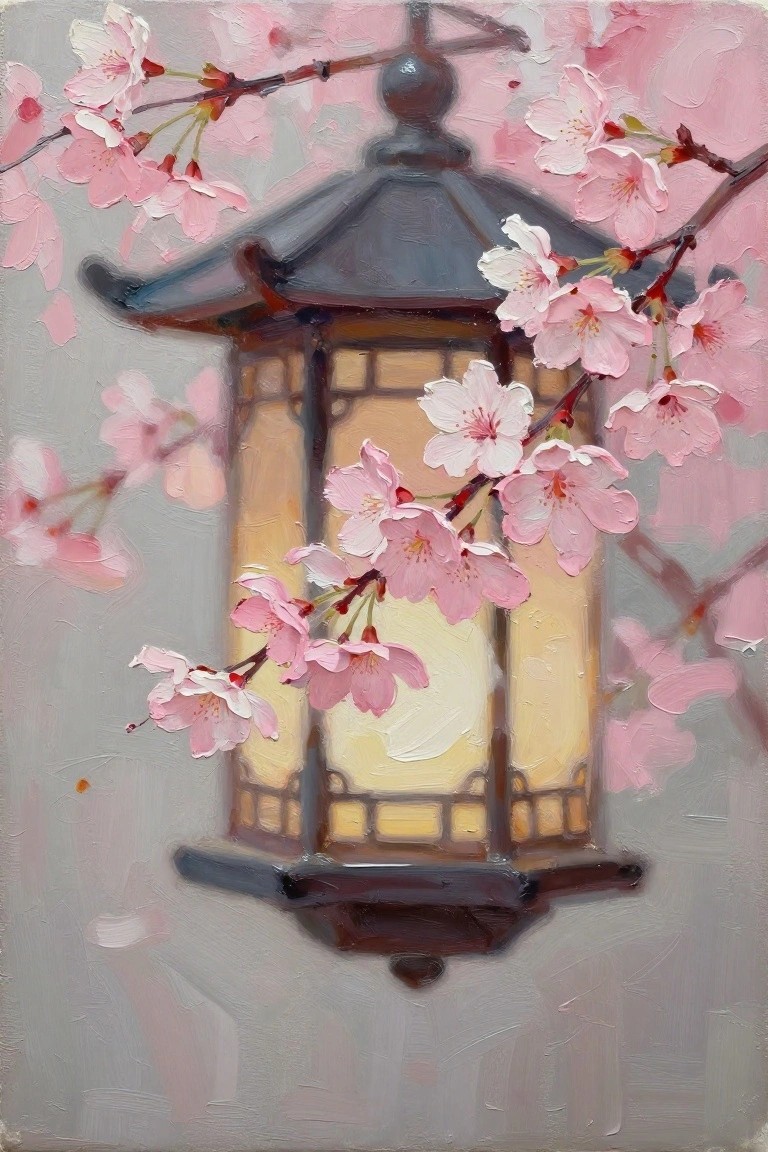 Glowing traditional lantern amid pink cherry blossoms in oil painting style.