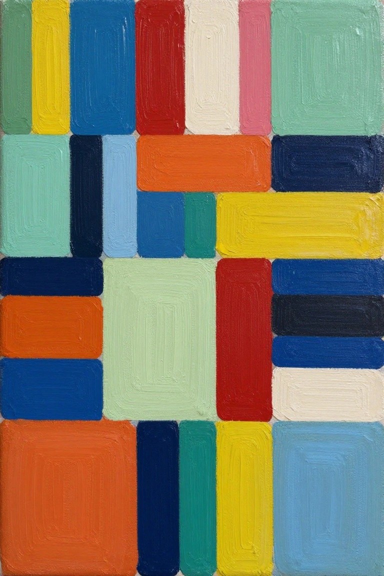 Abstract painting of vibrant colorful rectangles in geometric arrangement with textured brushstrokes.