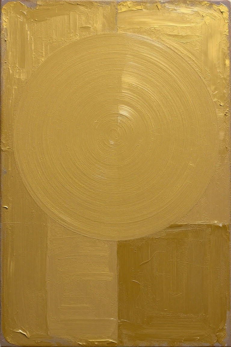 Abstract gold painting with central concentric circle and thick textured brushstrokes.
