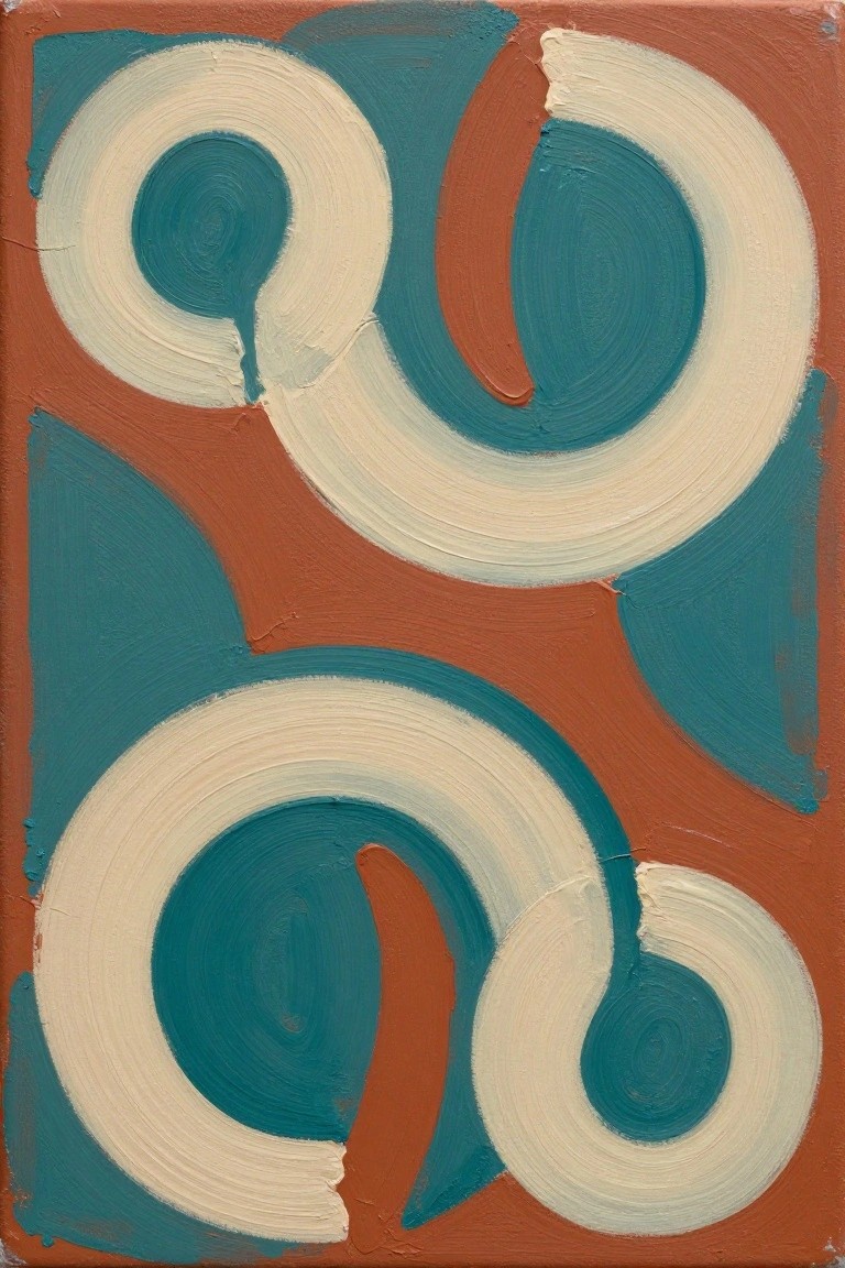 Abstract painting of overlapping teal, white, and rust curved circular forms