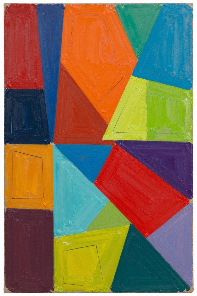 Abstract geometric painting with vibrant multicolored shapes and textured brushstrokes.