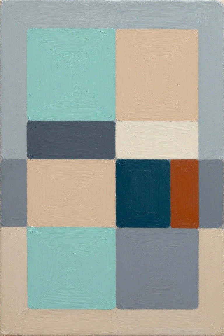 Abstract geometric painting with squares and rectangles in teal, peach, navy, and gray.