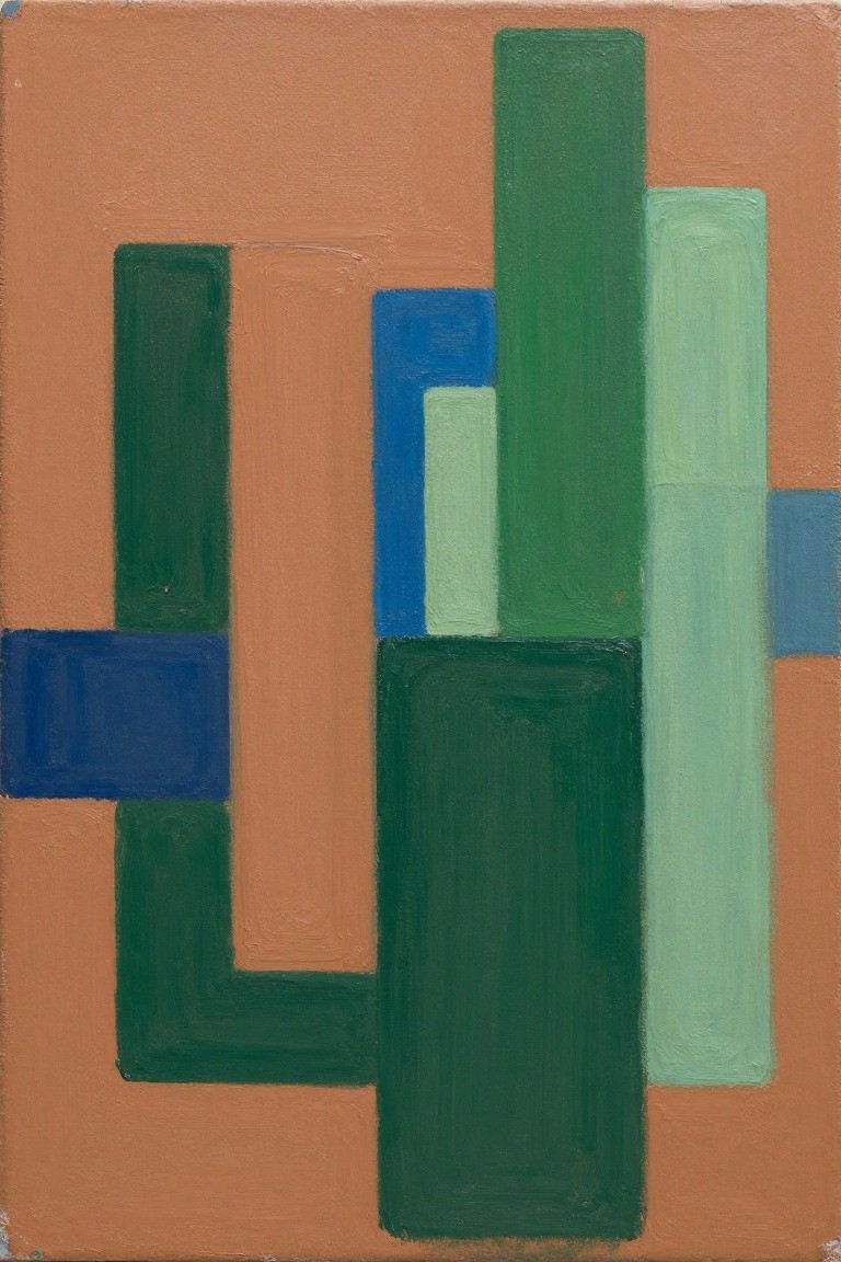 Abstract painting of overlapping green, blue, and orange rectangular shapes on peach background.