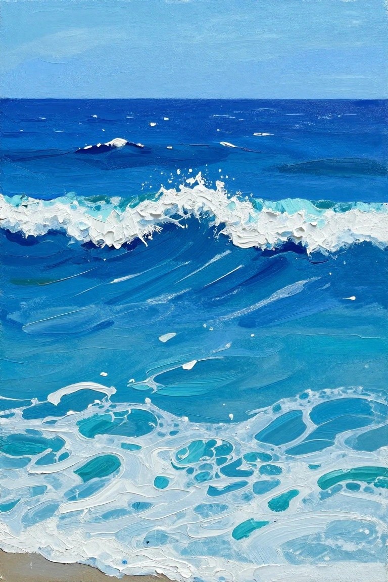 An acrylic painting of blue ocean waves with white foam crashing toward a sandy shore under a clear blue sky.