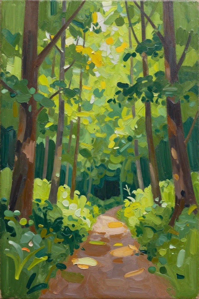 Vivid painting of winding path through sunlit green forest with tall trees.