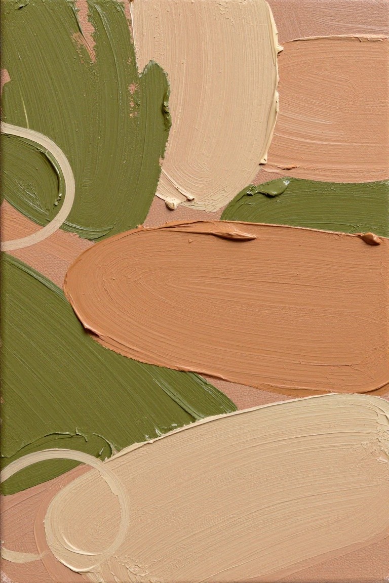 Abstract painting with thick, overlapping strokes in green, brown, and beige tones