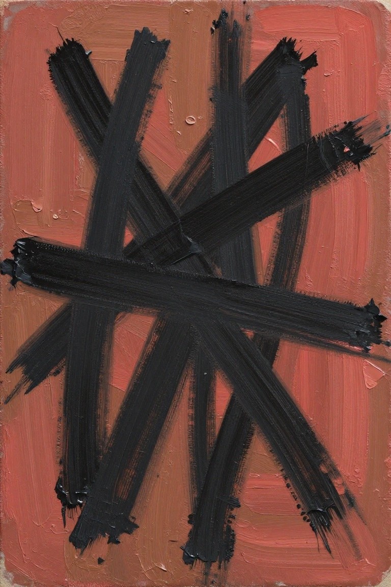 Abstract painting of thick black brushstrokes forming a star on reddish-orange background.
