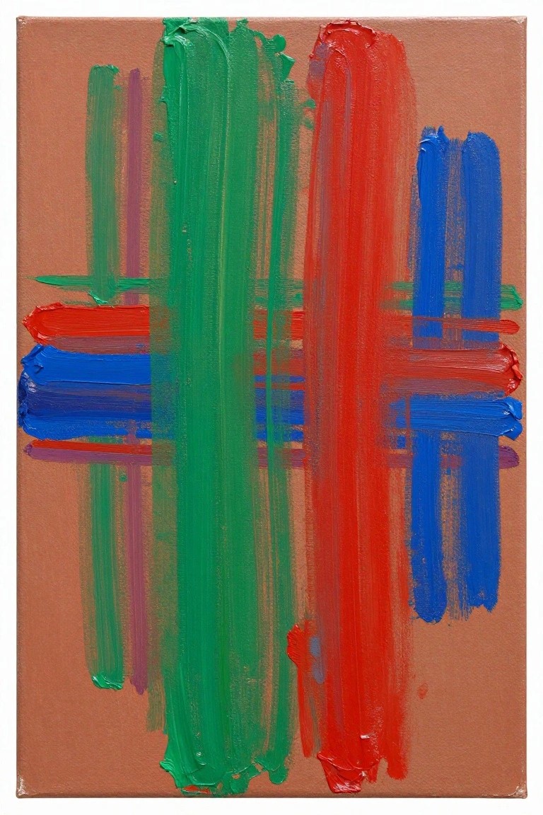 Abstract acrylic painting with thick vertical green and red brushstrokes crossed by horizontal blue and red strokes on a brown background.