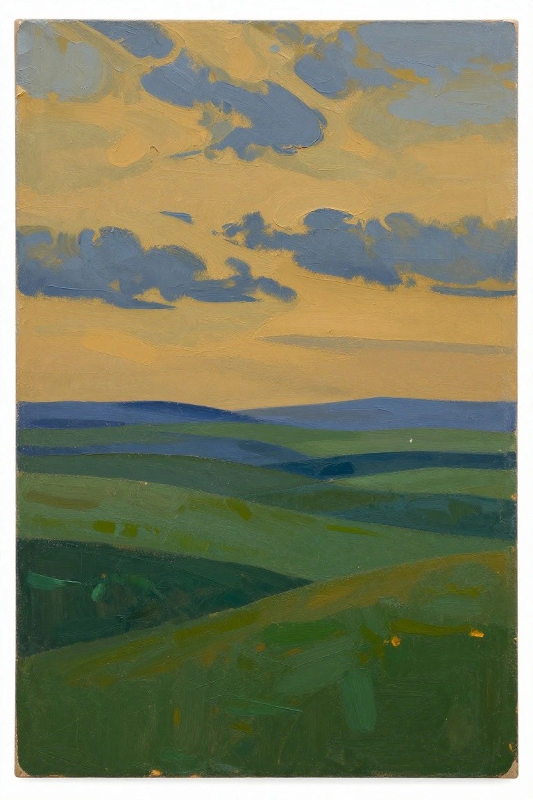 Rolling green hills beneath a vibrant yellow and blue cloudy sky in oil paint