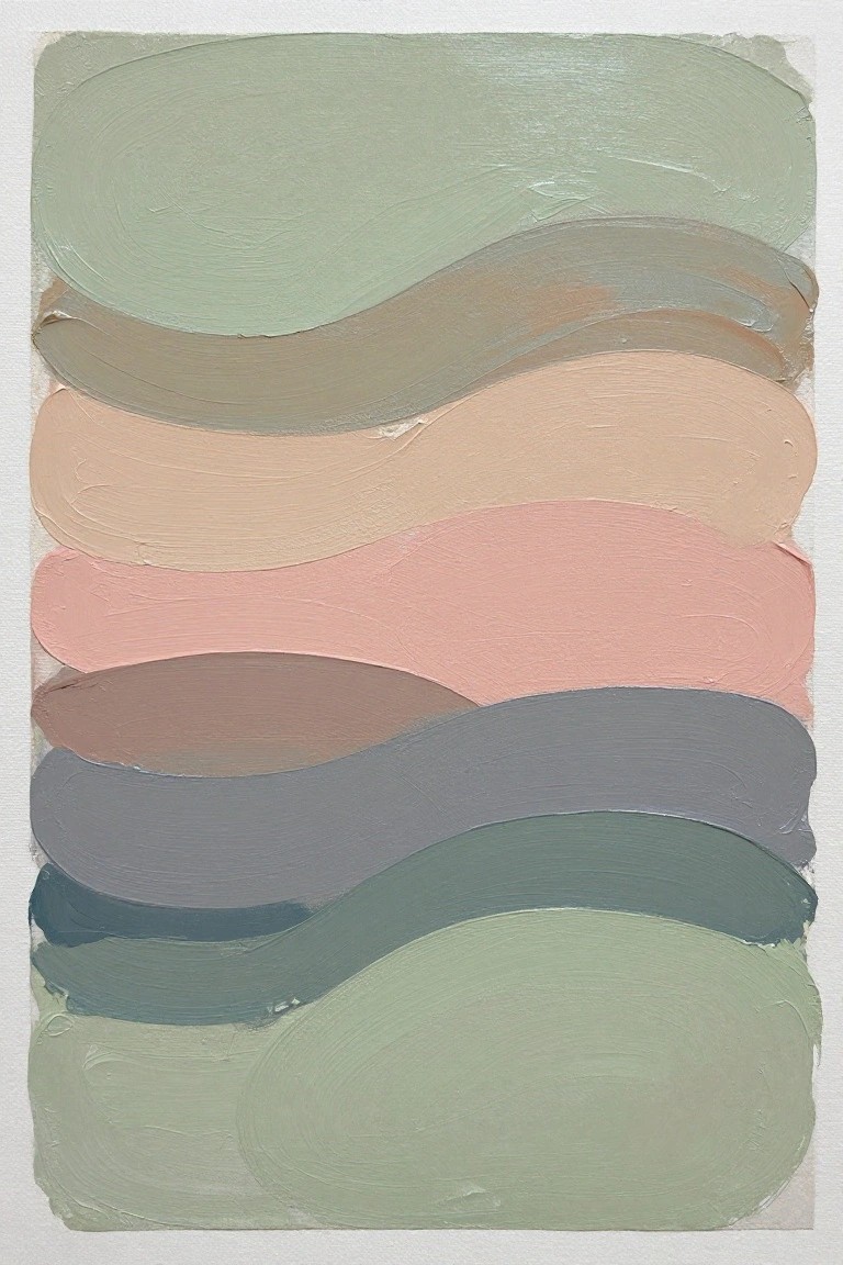 Abstract painting of wavy horizontal bands in muted greens, pinks, and grays.