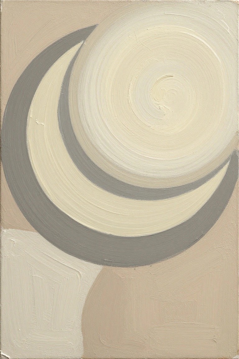 An abstract acrylic painting with overlapping gray and cream curved shapes around a central spiral on a beige background.
