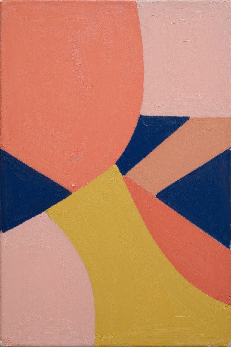 Abstract composition of curved shapes in coral, yellow, navy blue, and pink.
