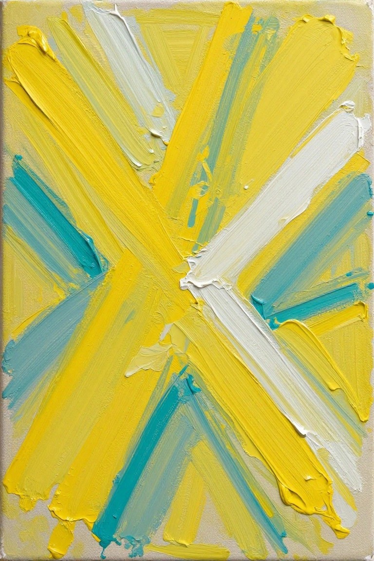 Abstract painting with thick yellow, white, and teal brushstrokes radiating from center.