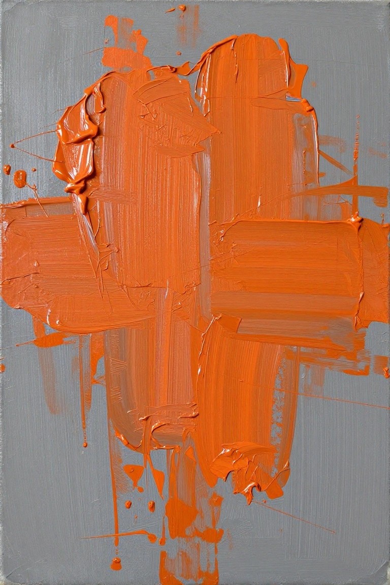 Thick textured orange brushstrokes with drips on gray background