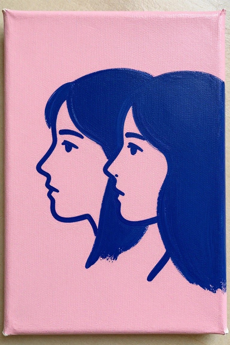 Minimalist painting of two overlapping women's blue-haired profiles on pink canvas.