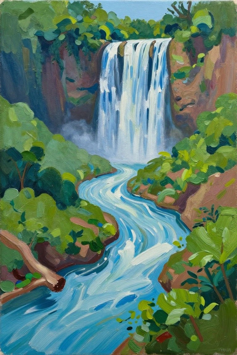Vibrant painting of a cascading waterfall flowing into a winding blue river amid lush cliffs.
