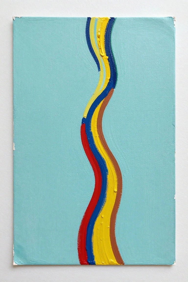 Abstract painting of wavy multicolored stripe on light blue canvas background