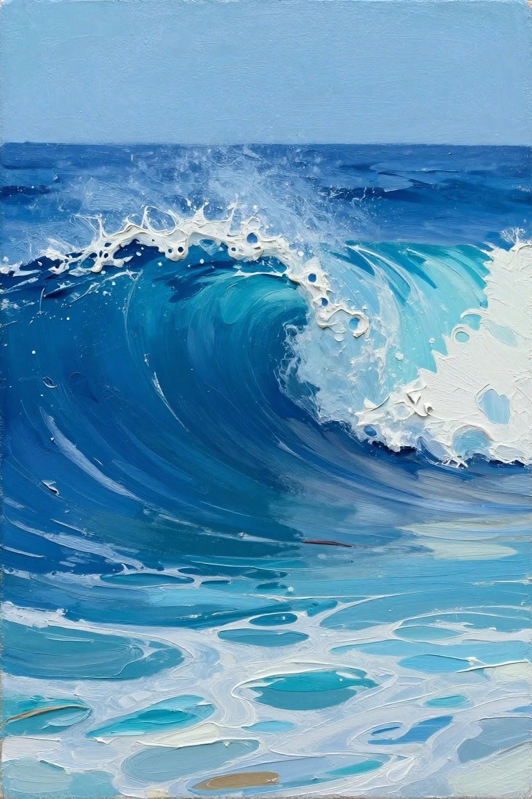 Acrylic painting of a large curling blue wave with white foam against a light blue sky and smaller ripples below.