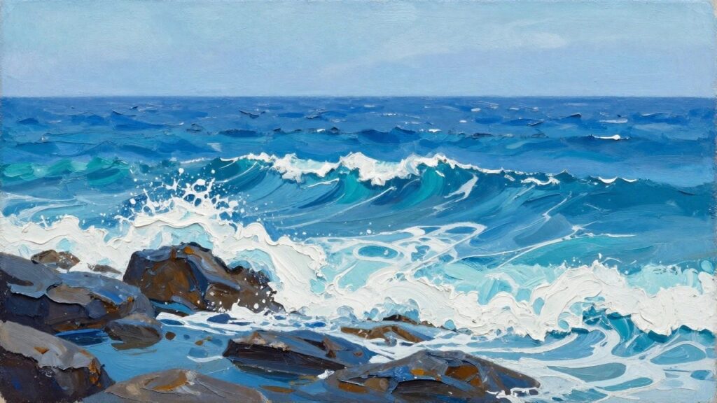 An acrylic painting of a curling ocean wave with white foam and turquoise water crashing toward dark rocks under a clear blue sky.