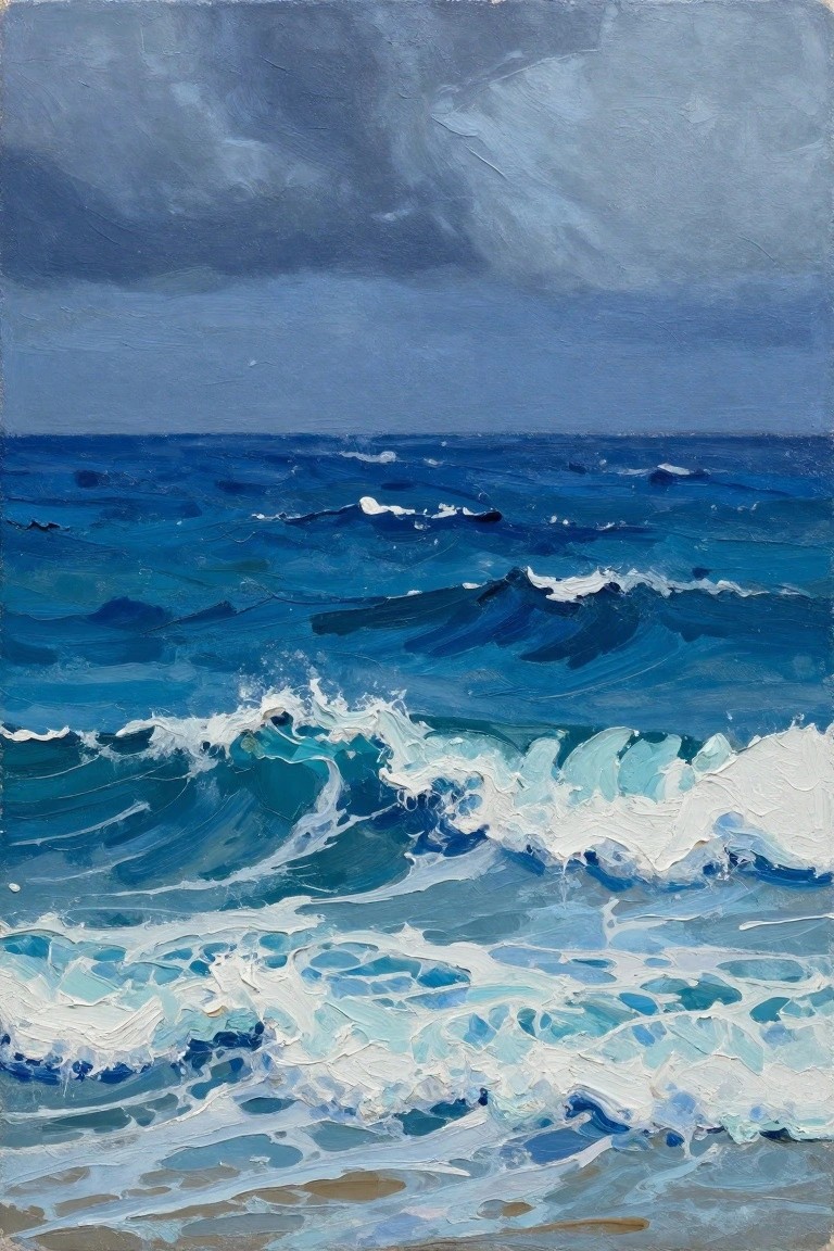 An acrylic painting of blue ocean waves with white foam under a gray overcast sky.