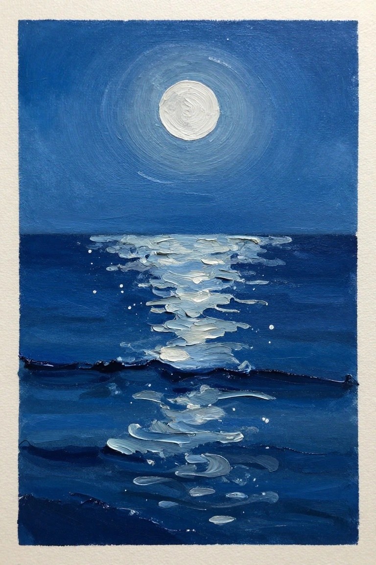Acrylic painting of a full moon above the ocean with its reflection visible on dark blue water.