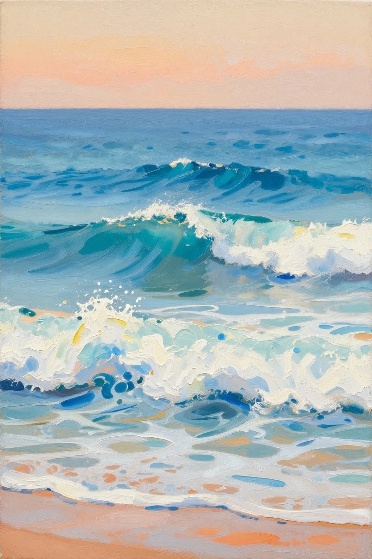 Impressionist painting of turquoise waves with white foam crashing on a sandy beach at sunset