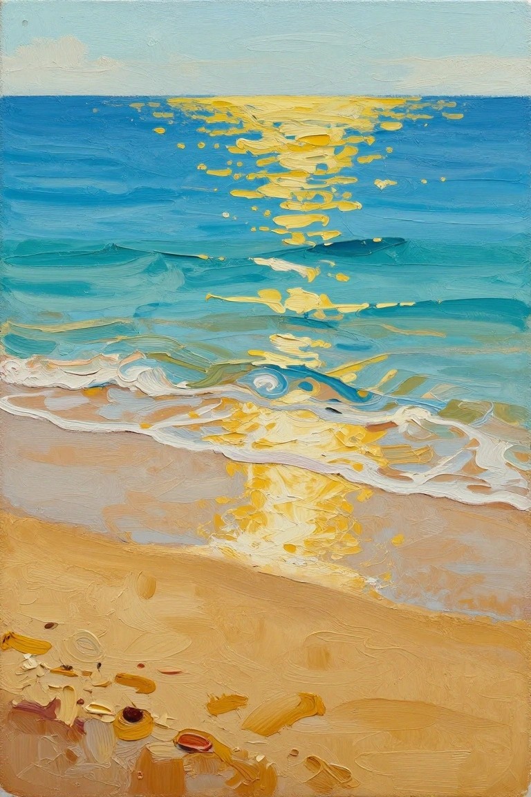 Impasto oil painting of sunny beach with golden reflections on turquoise waves
