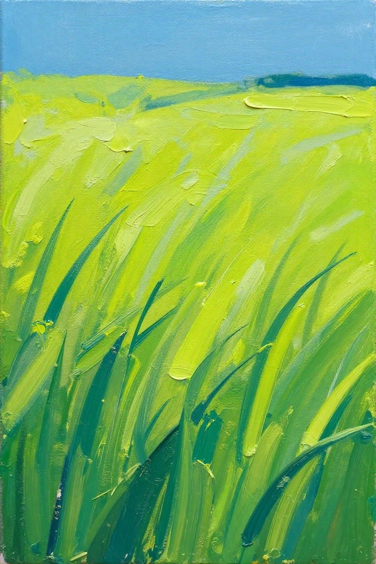 Vibrant green and yellow grass with thick brushstrokes under a clear blue sky.