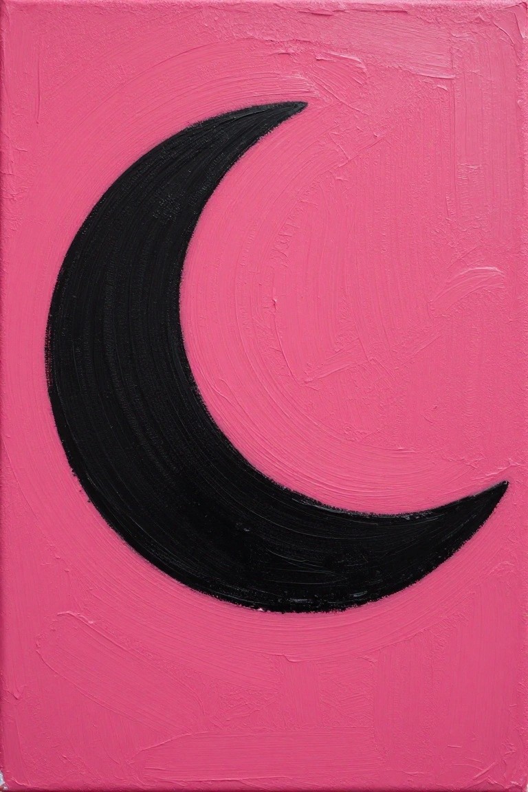 Black crescent moon on textured pink canvas with visible brushstrokes