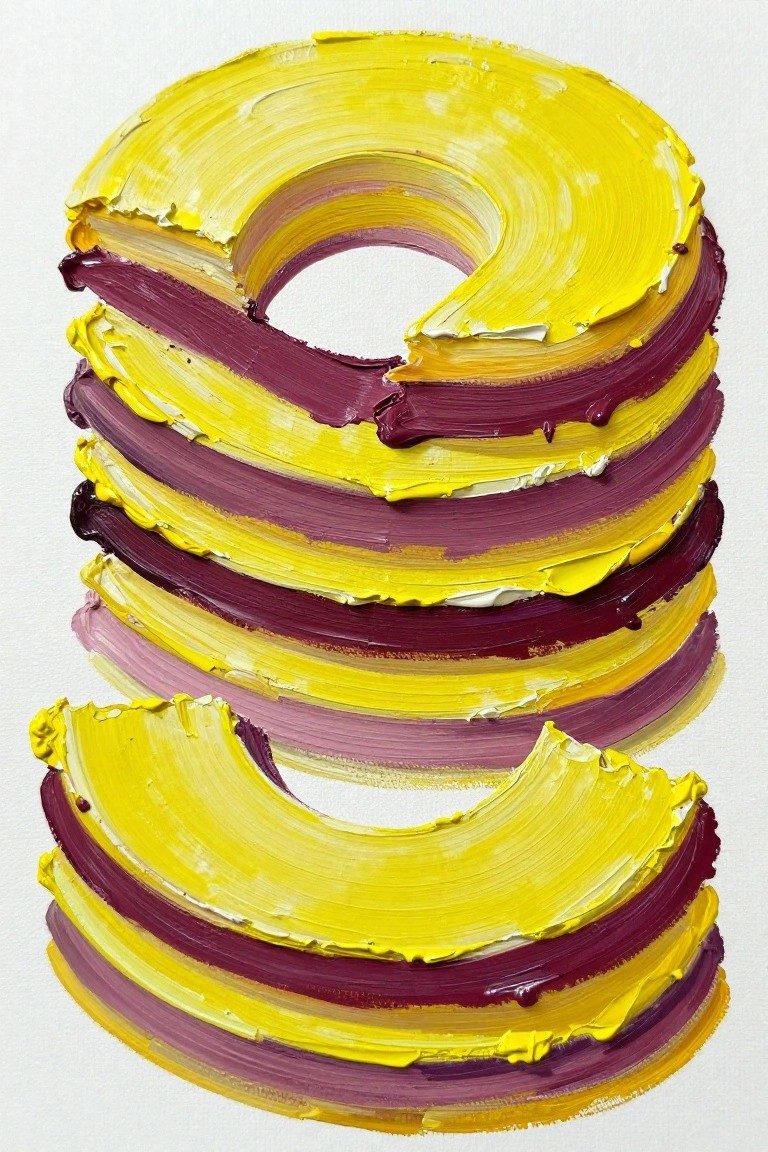 Thick swirling layers of yellow and purple impasto paint form abstract circles.