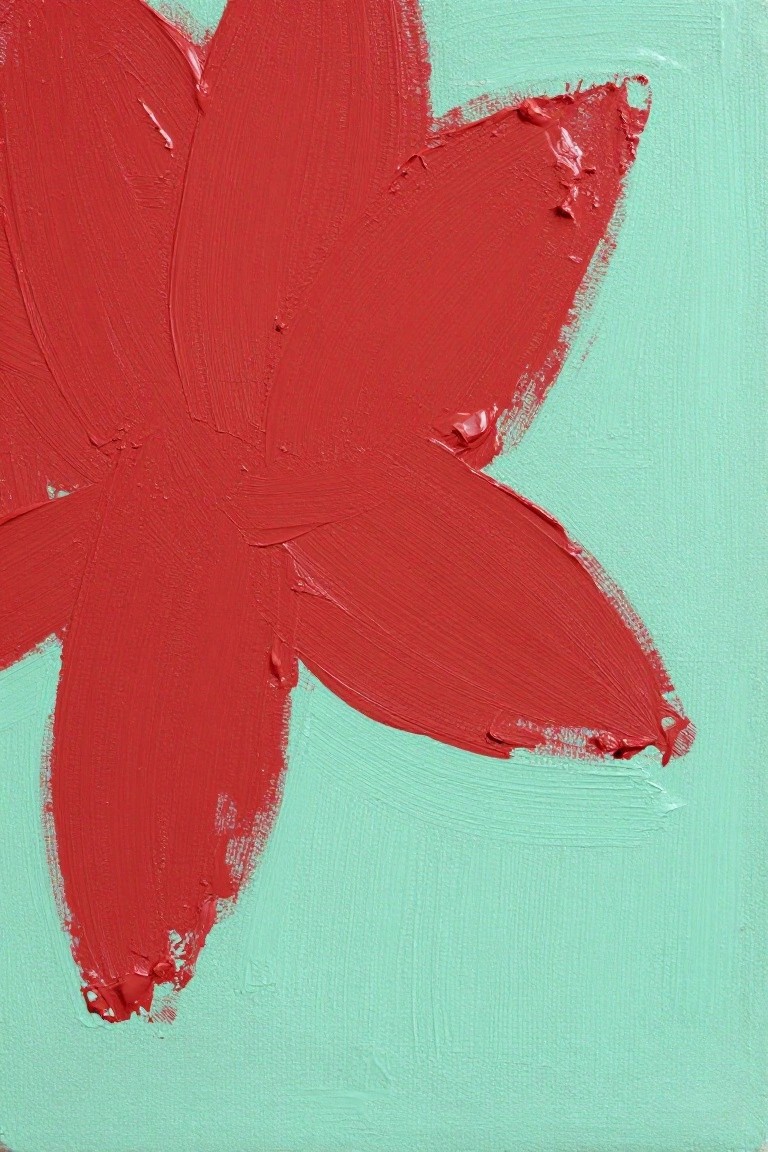 Thick red brushstrokes form an abstract flower on mint green background.