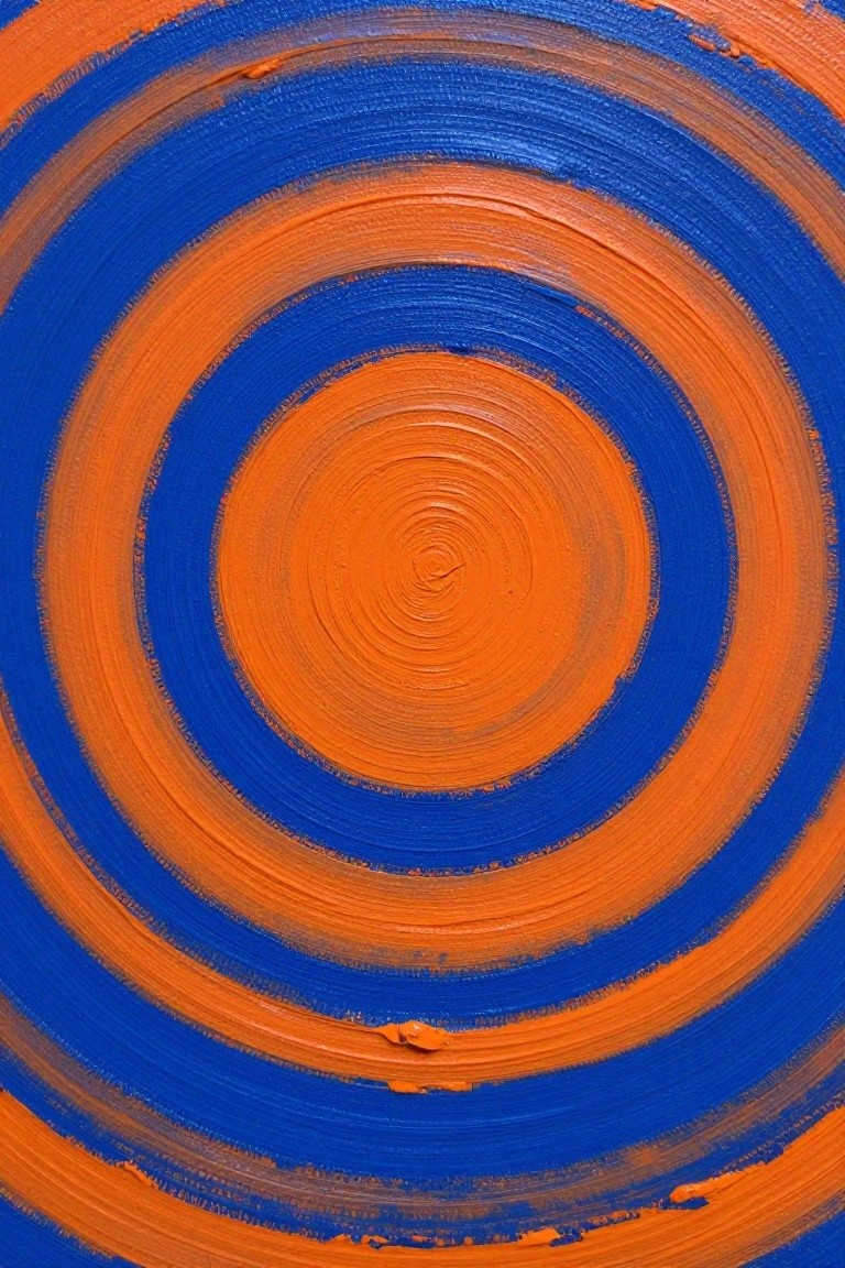Thick orange and blue brushstrokes forming concentric circles with textured spirals.