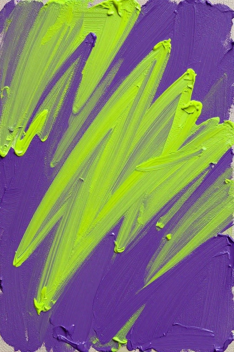 Abstract painting with thick lime green brushstrokes on purple background