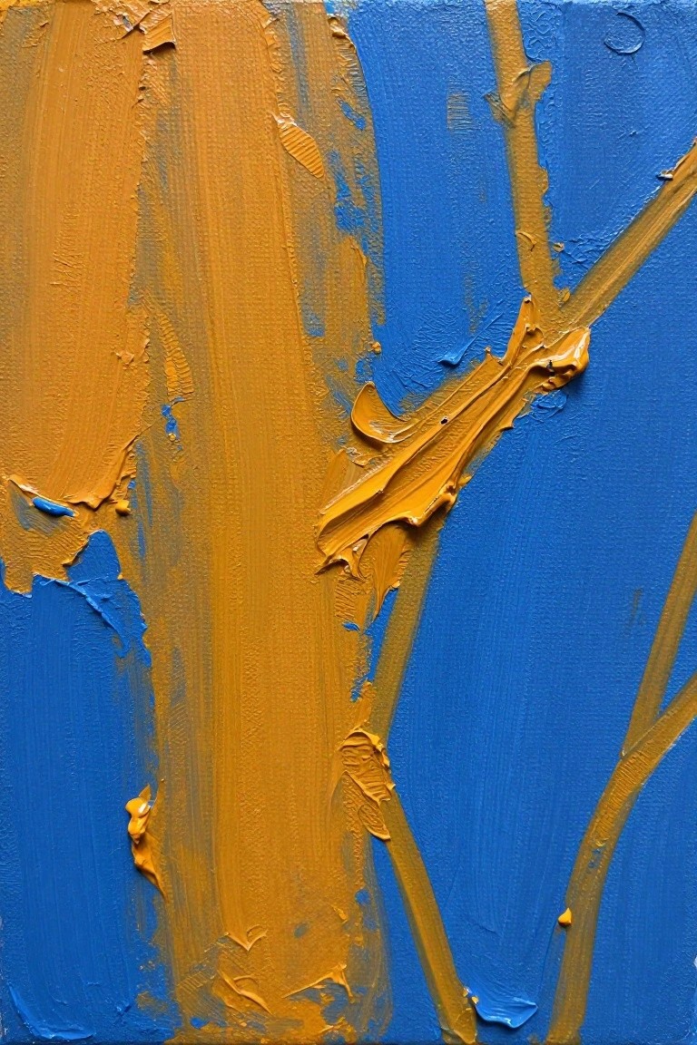 Abstract painting with thick textured orange and blue brushstrokes