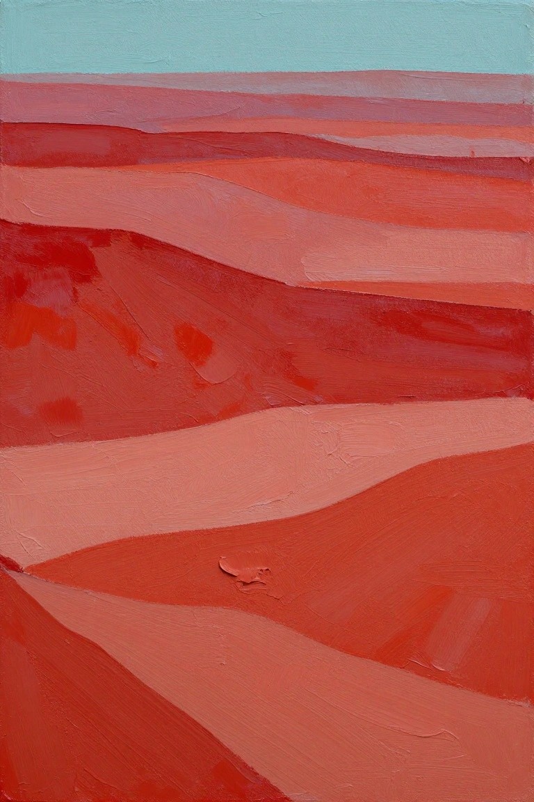 Abstract painting of layered red-orange hills with wavy lines and blue sky.