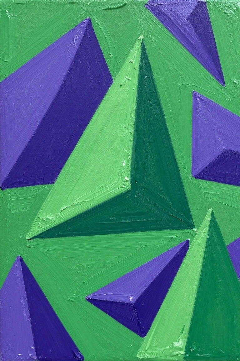 Abstract geometric painting of overlapping triangles in green and purple with textured brushstrokes.