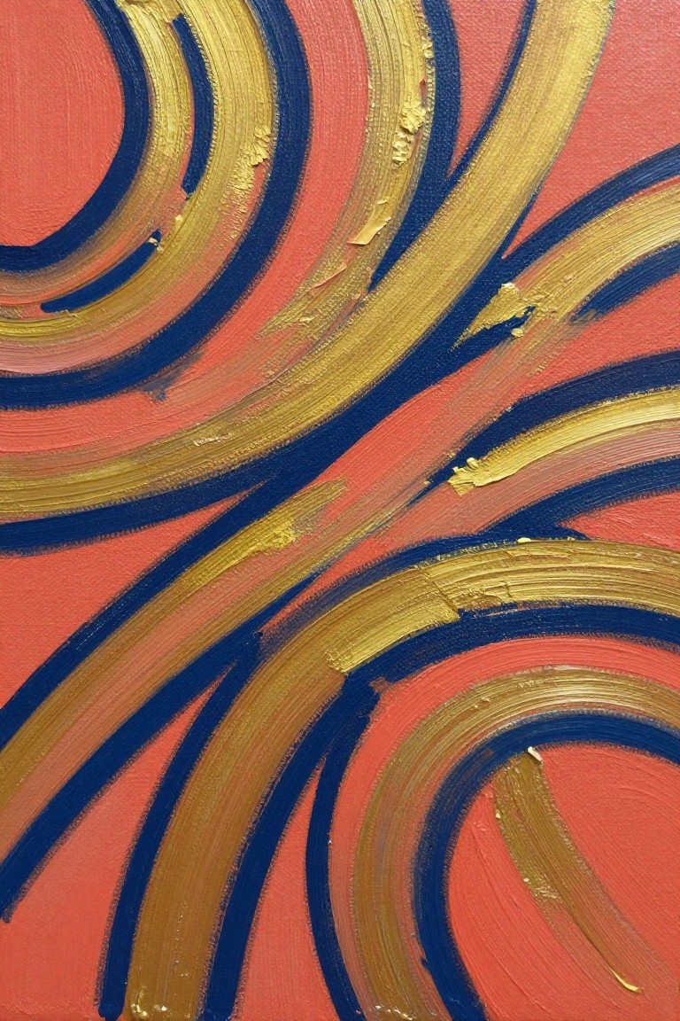 Abstract painting of swirling blue and gold brushstrokes on textured red canvas