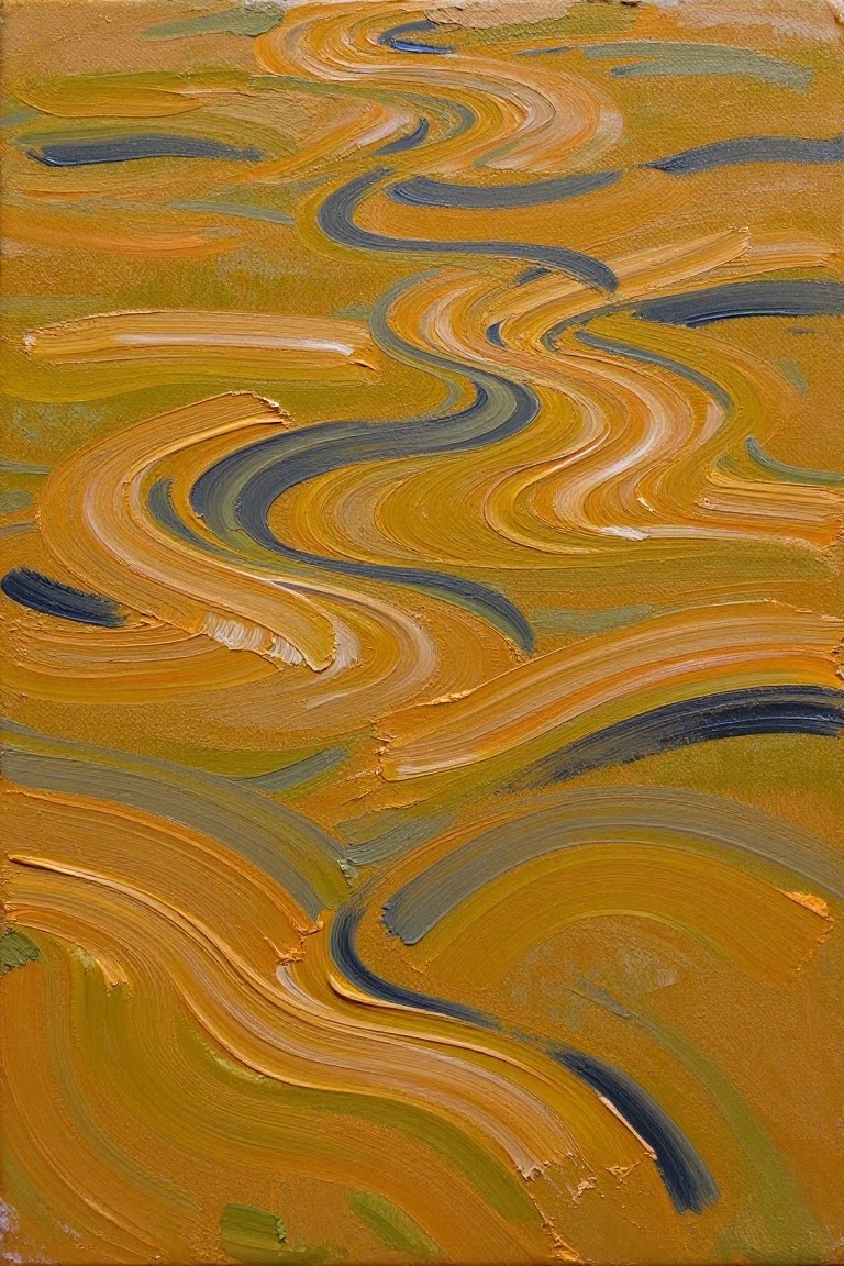 Abstract painting of swirling orange, yellow, and blue wavy brushstrokes in thick impasto.