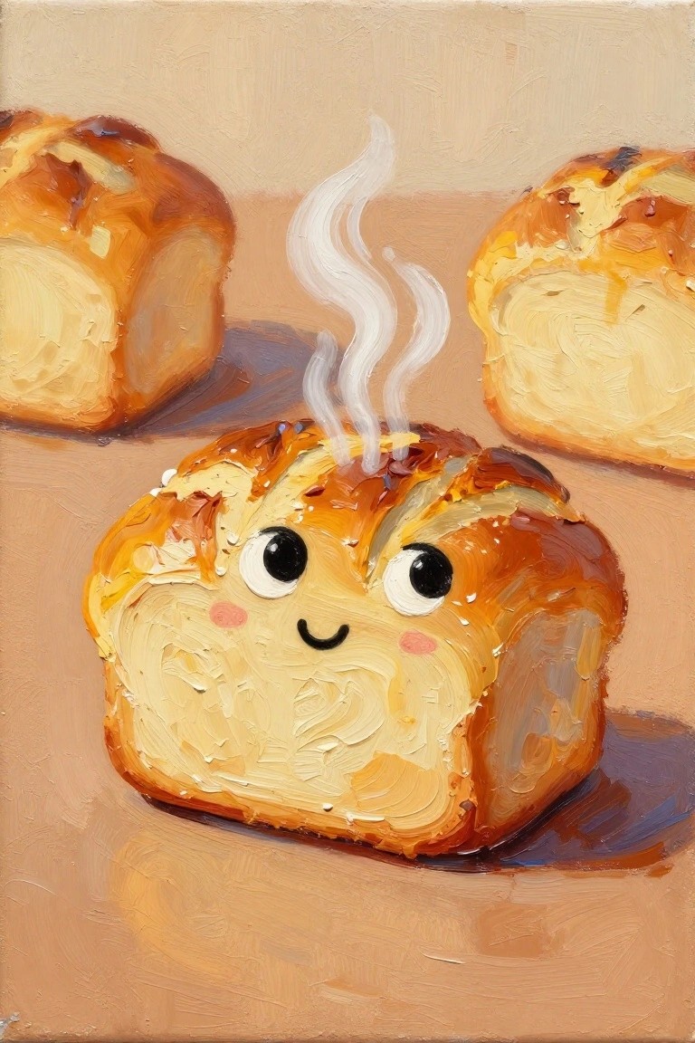 Acrylic painting of a cute cartoon bread loaf with eyes, mouth, and steam rising from the top, plus two other bread slices in the background.