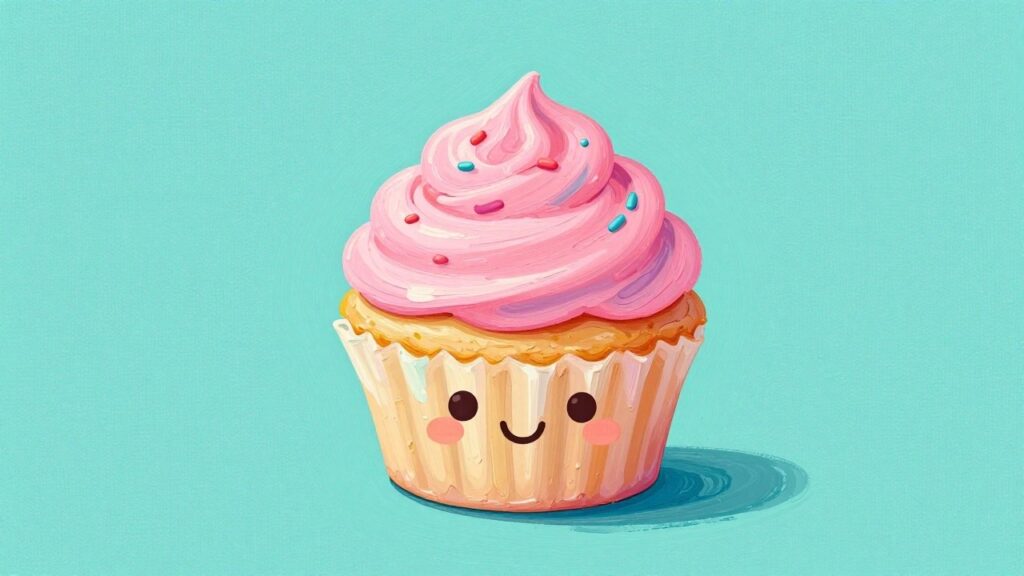 A small acrylic painting of a pink cupcake with a smiling face and colorful sprinkles on a mint green canvas.