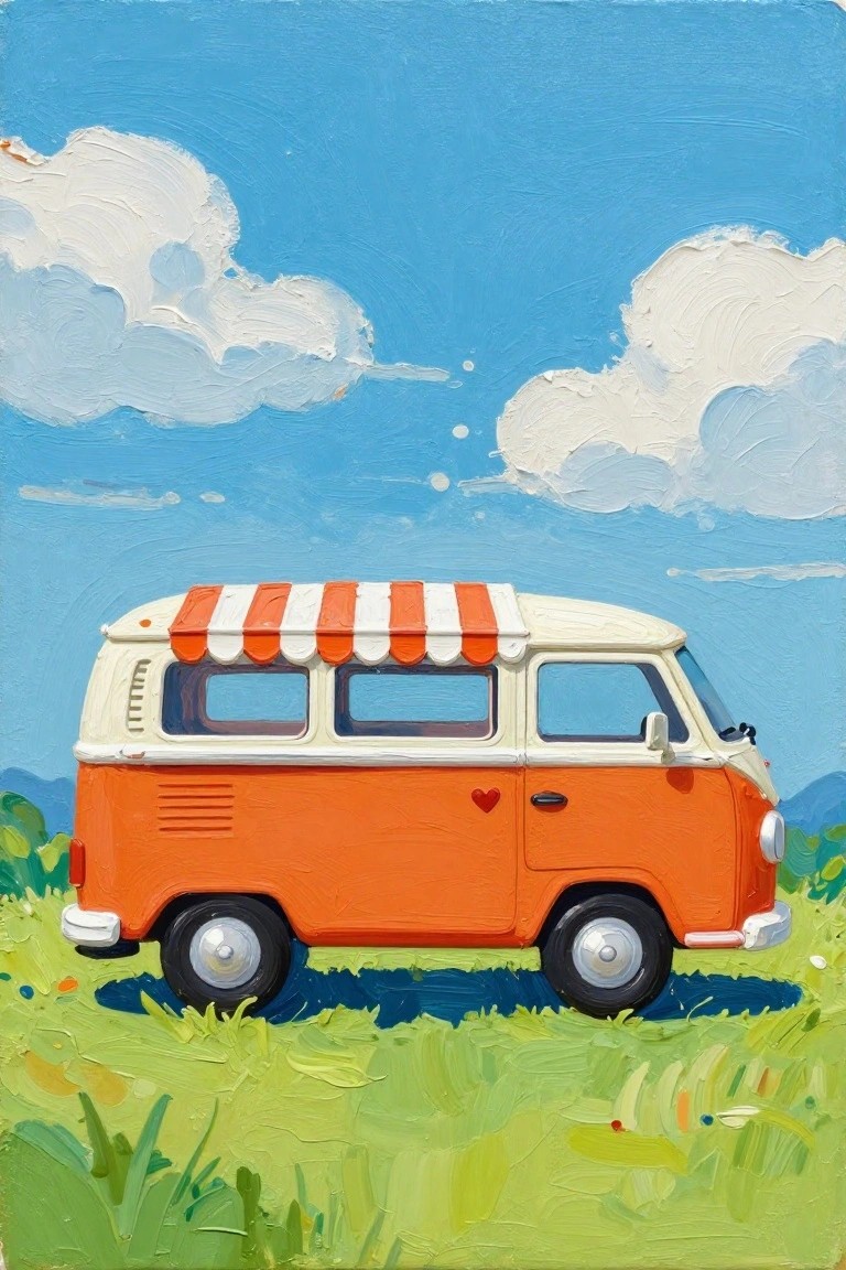 An orange and white camper van with a striped awning sits in a green field under a blue sky with clouds in an acrylic painting.