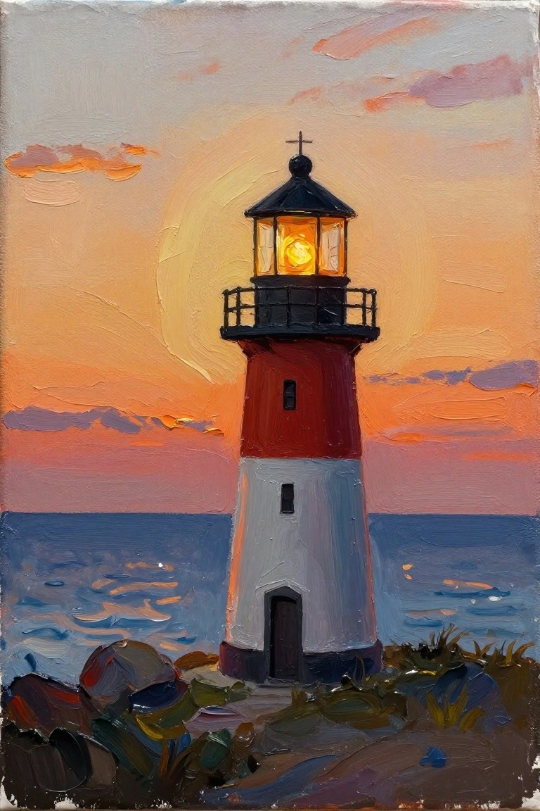 An acrylic painting of a red and white lighthouse with a glowing light at sunset over the ocean.
