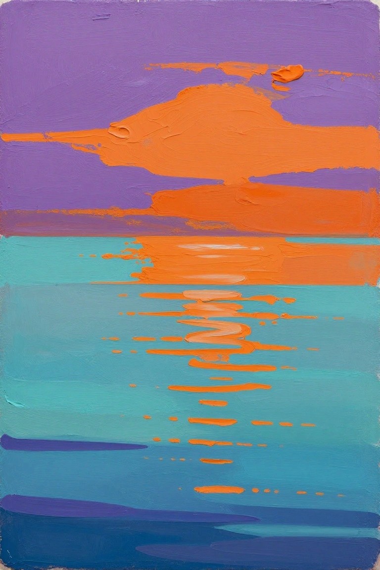 Abstract impasto painting of orange sunset reflecting in turquoise sea under purple sky
