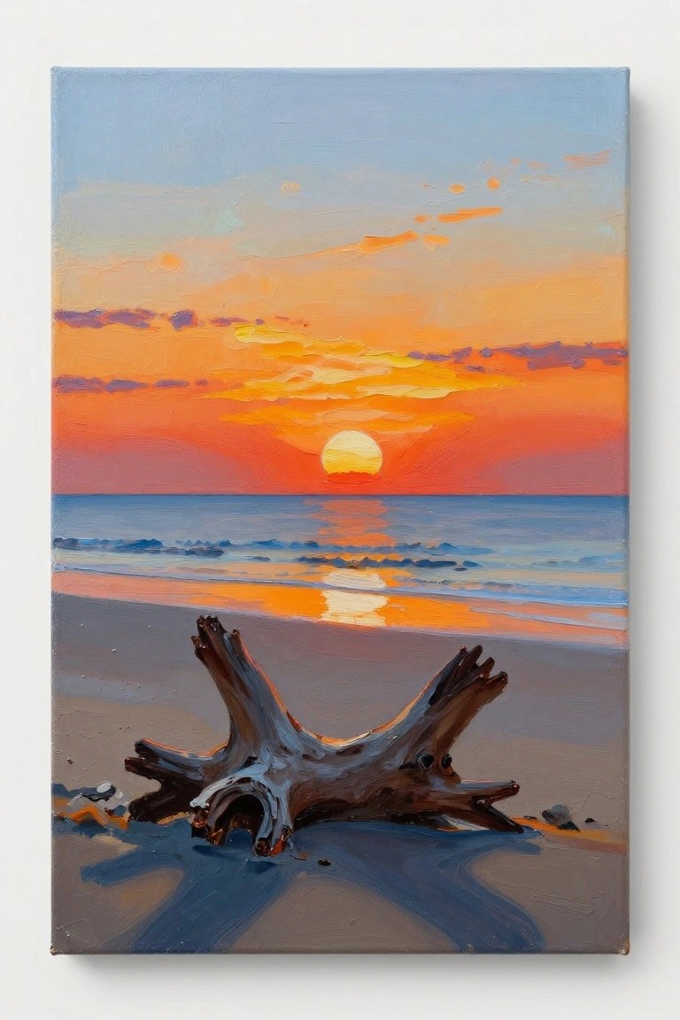 Oil painting of driftwood on beach at vibrant orange sunset over ocean waves.