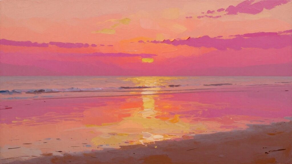 Vibrant oil painting of pink-orange sunset reflecting on ocean waves at a beach.