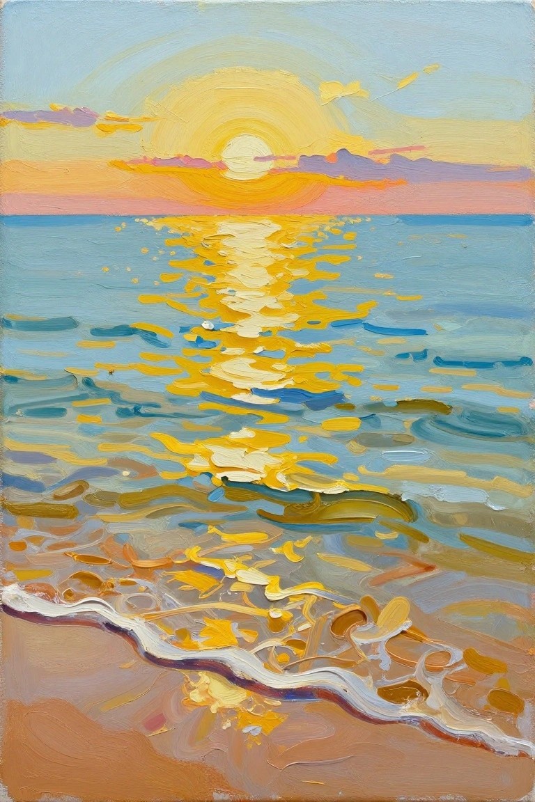 Vibrant oil painting of sunset reflecting on ocean waves at sandy shore