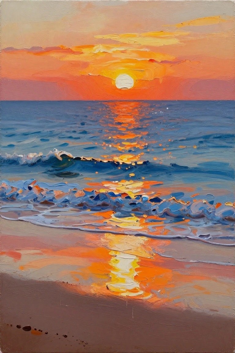 Vibrant oil painting of sunset over ocean with waves on sandy beach