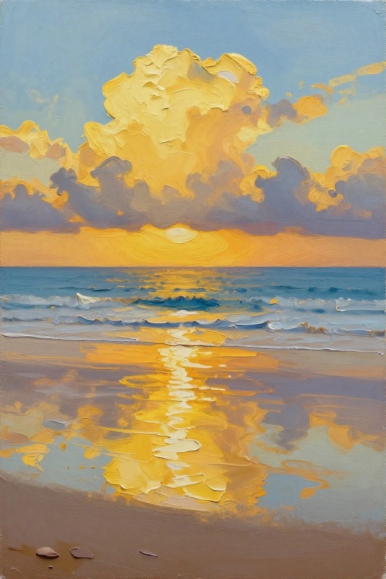 An acrylic painting of a beach sunset with a bright golden reflection running from the sun down across the ocean and wet sand.