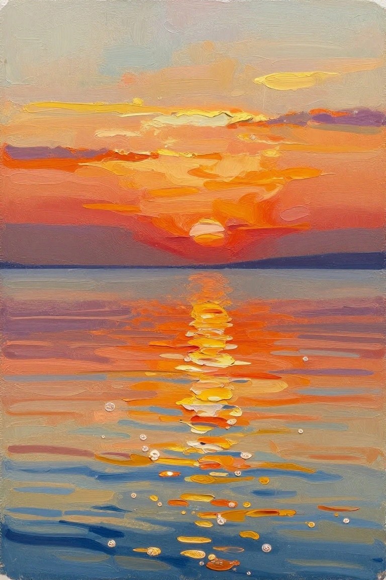 Vibrant oil painting of sunset with orange sun reflecting on colorful water.